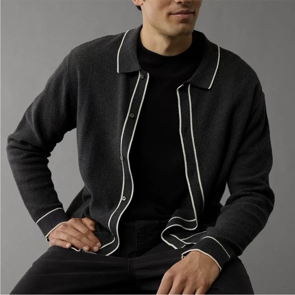 American Eagle Outfitters Other - American Eagle Long Sleeve Tipped Waffle Grey and White Sweater Polo Cardigan XL